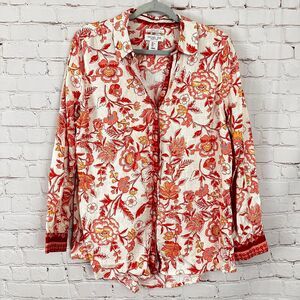 Rachel Zoe Red and White Floral Button Down Shirt 100% Linen